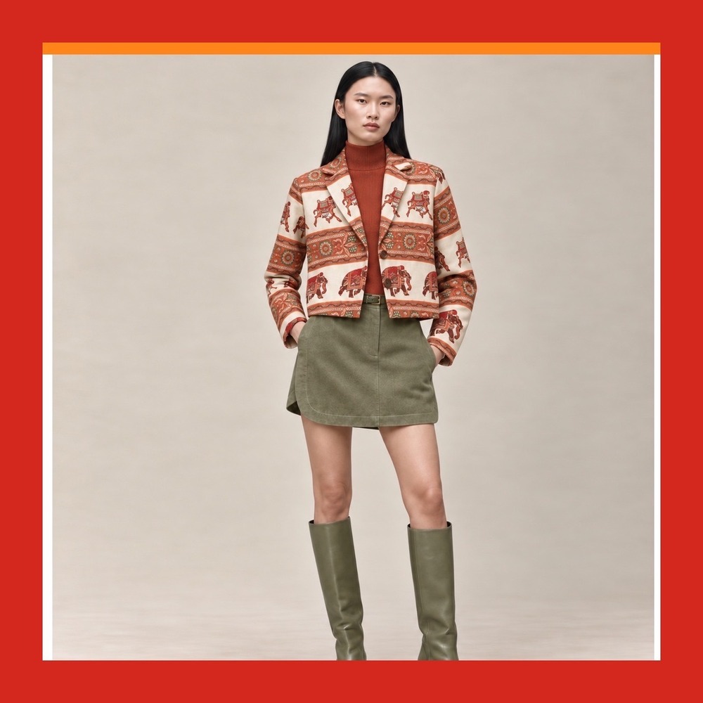 Boho Elephant Camel Print Cropped Vintage Jacket Multi S